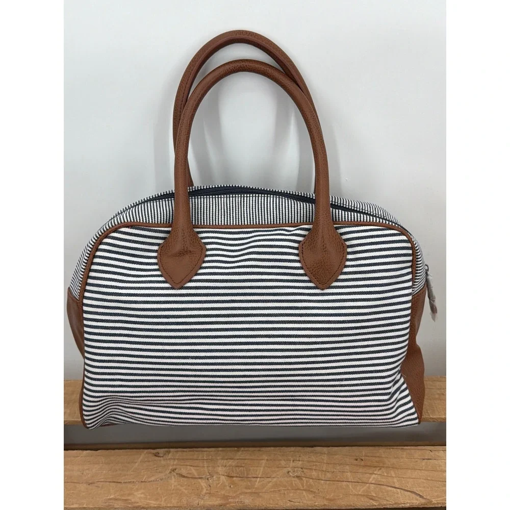 P. Blue Piel Pelle Striped Canvas Satchel Bag Navy White Brown C-22447A